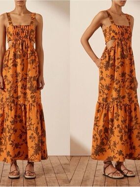 Shona Joy Orange Linen Uli Floral Maxi Dress with Cutout Detail